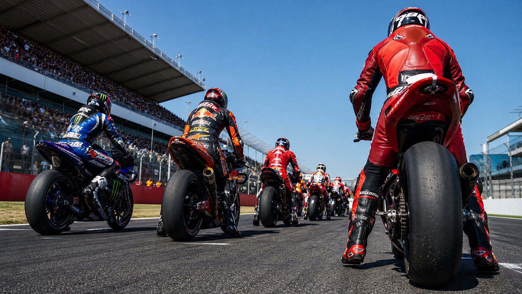Sejumlah pembalap MotoGP berdiri di lintasan balap dengan perlengkapan lengkap, siap memulai balapan di sirkuit yang ramai.