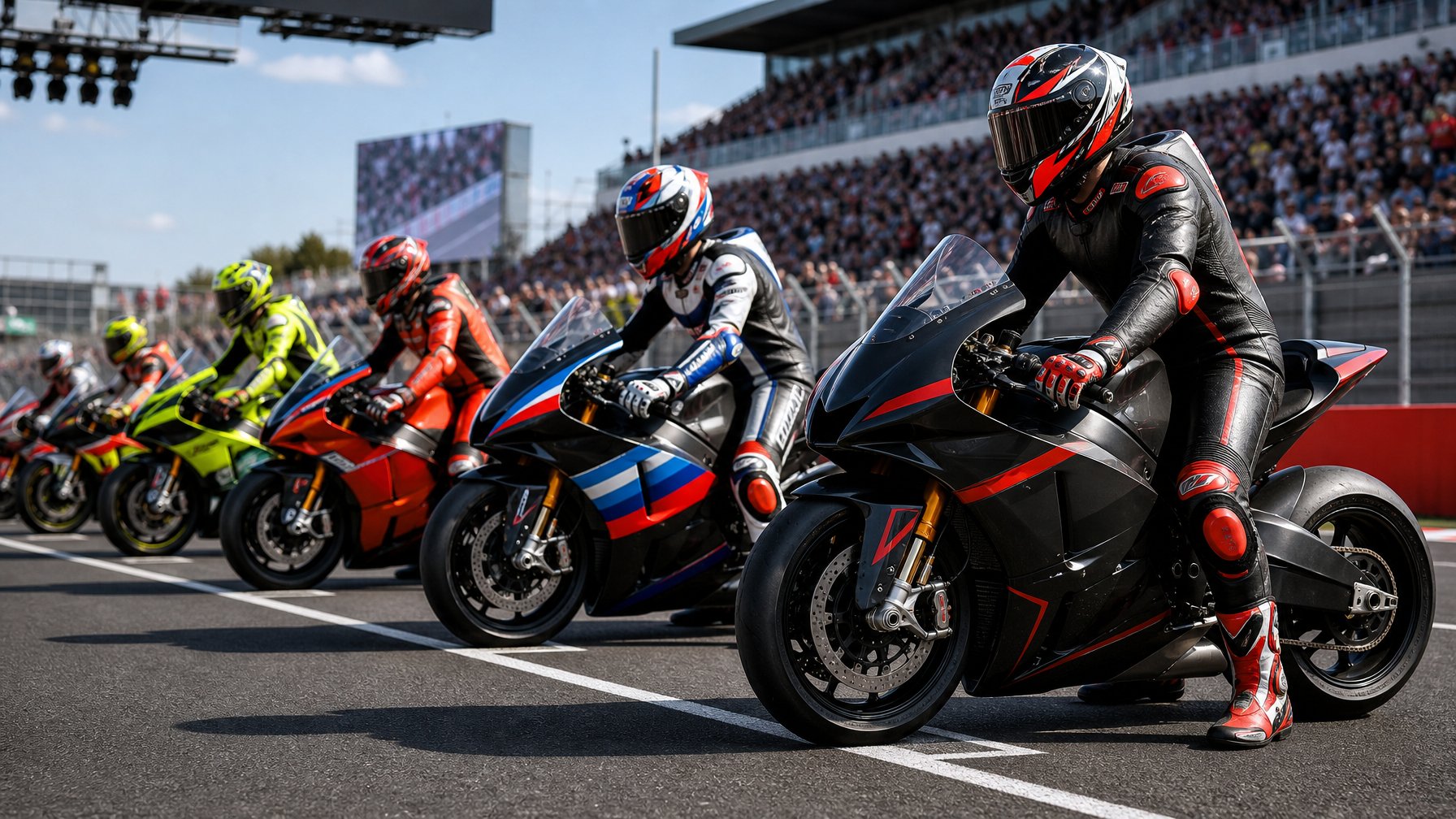 Sejumlah pembalap MotoGP mengenakan perlengkapan balap lengkap sedang bersiap di garis start di sebuah sirkuit balap dengan penonton di tribun belakang.