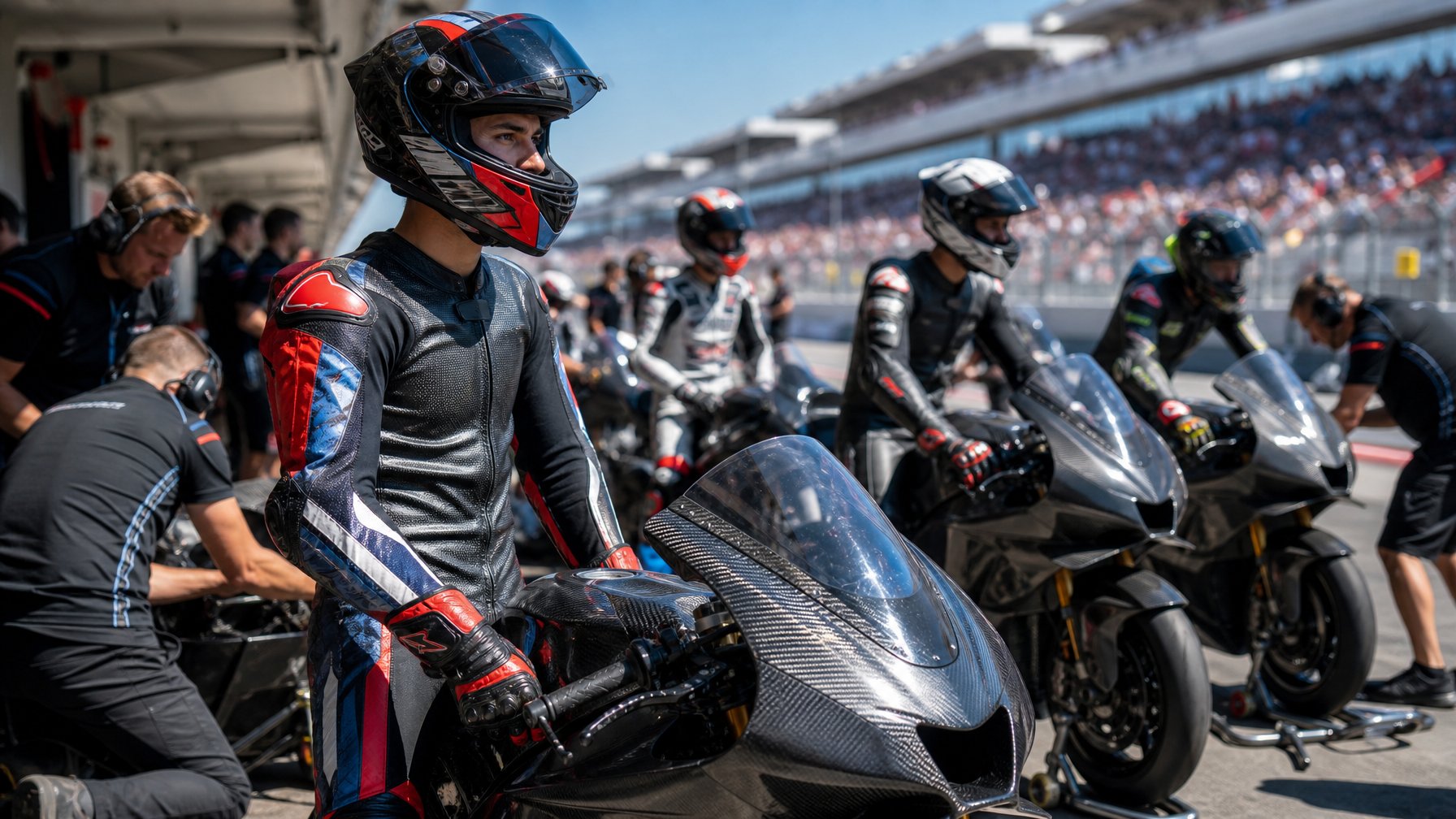 Beberapa pembalap rookie MotoGP sedang bersiap dengan motor balap mereka di pit lane, dikelilingi oleh anggota tim dan penonton di latar belakang.