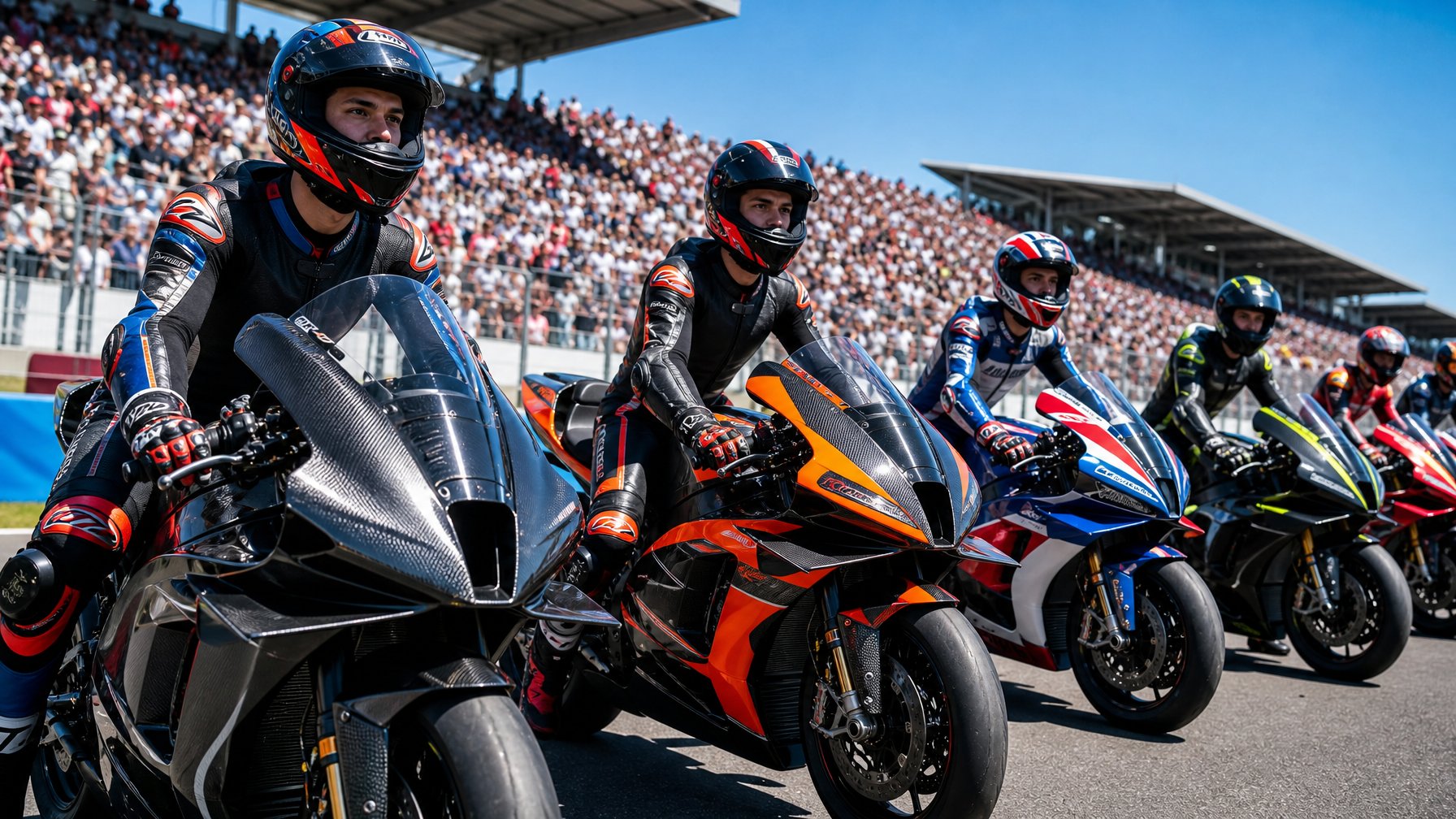Beberapa pembalap rookie MotoGP sedang bersiap di garis start dengan motor balap mereka di sirkuit yang ramai.