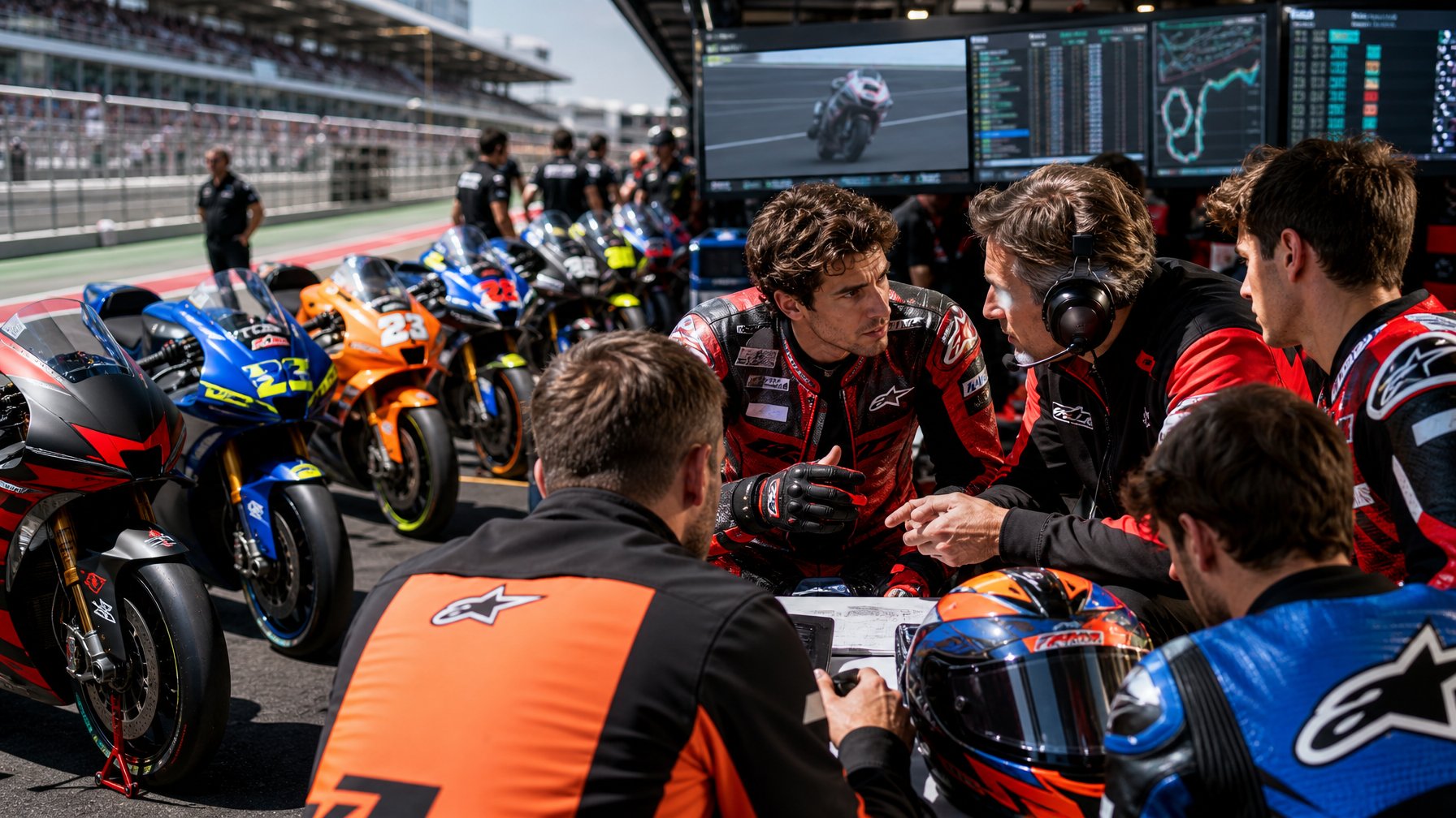 Sejumlah pembalap MotoGP mengenakan perlengkapan balap lengkap berdiskusi dengan manajer tim di tepi lintasan balap dengan motor balap berwarna-warni berjajar di latar belakang.