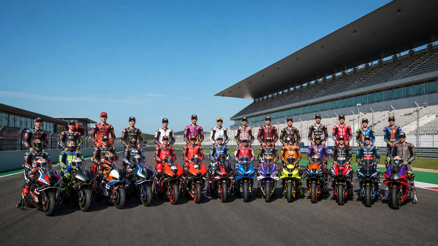 Dua puluh dua pembalap MotoGP berdiri di lintasan balap dengan motor mereka, mengenakan perlengkapan balap lengkap, siap untuk berlomba.