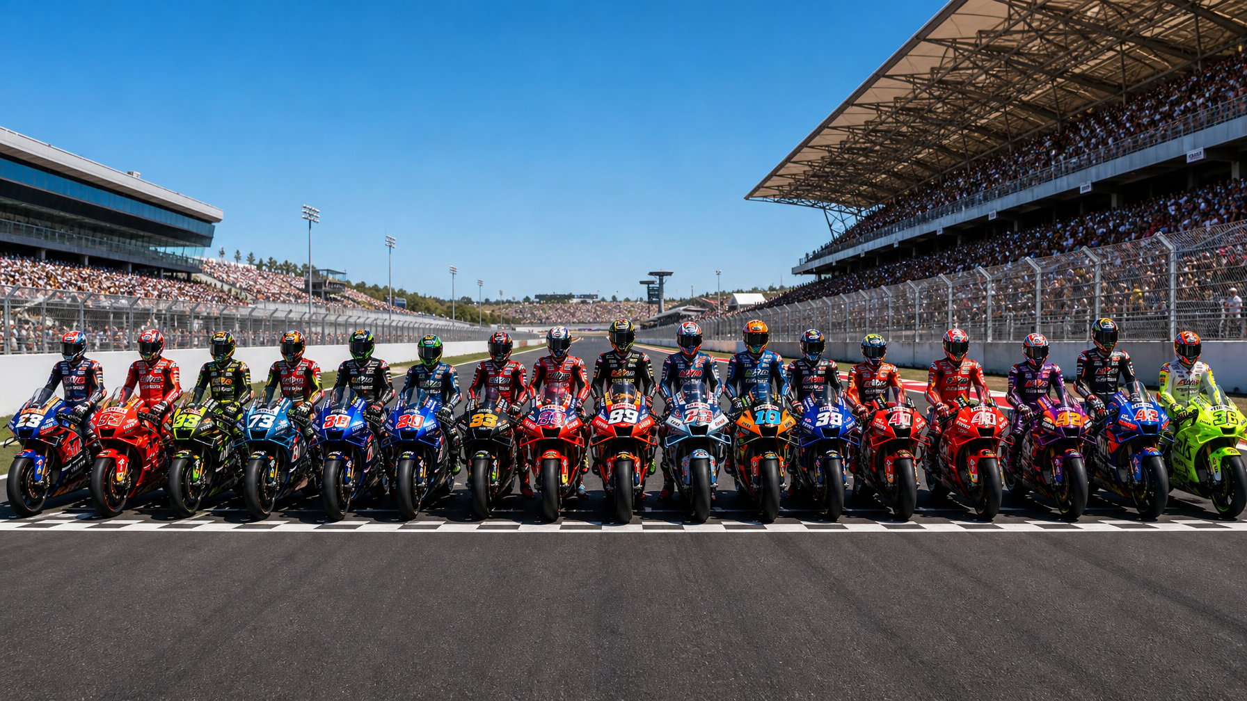 22 pembalap MotoGP berdiri di lintasan balap siap memulai balapan dengan latar belakang tribun penonton dan langit cerah.