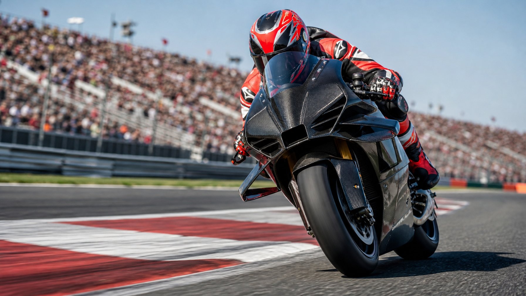 Seorang pembalap MotoGP sedang melaju kencang di lintasan balap dengan penonton di latar belakang.