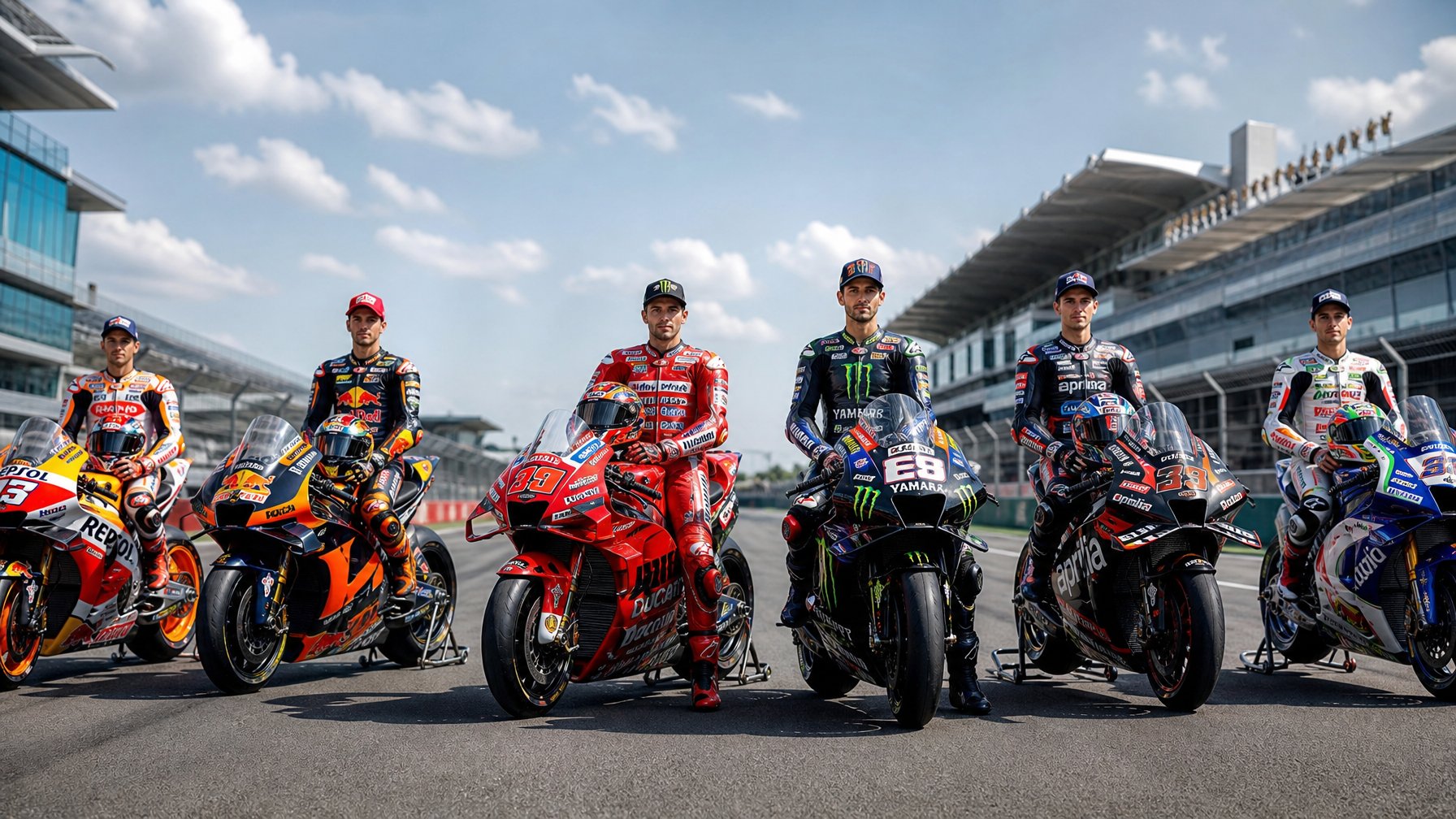 Beberapa pembalap MotoGP 2026 berdiri di samping motor balap mereka di lintasan, mengenakan seragam dan helm tim Ducati, Yamaha, Honda, KTM, dan Aprilia.