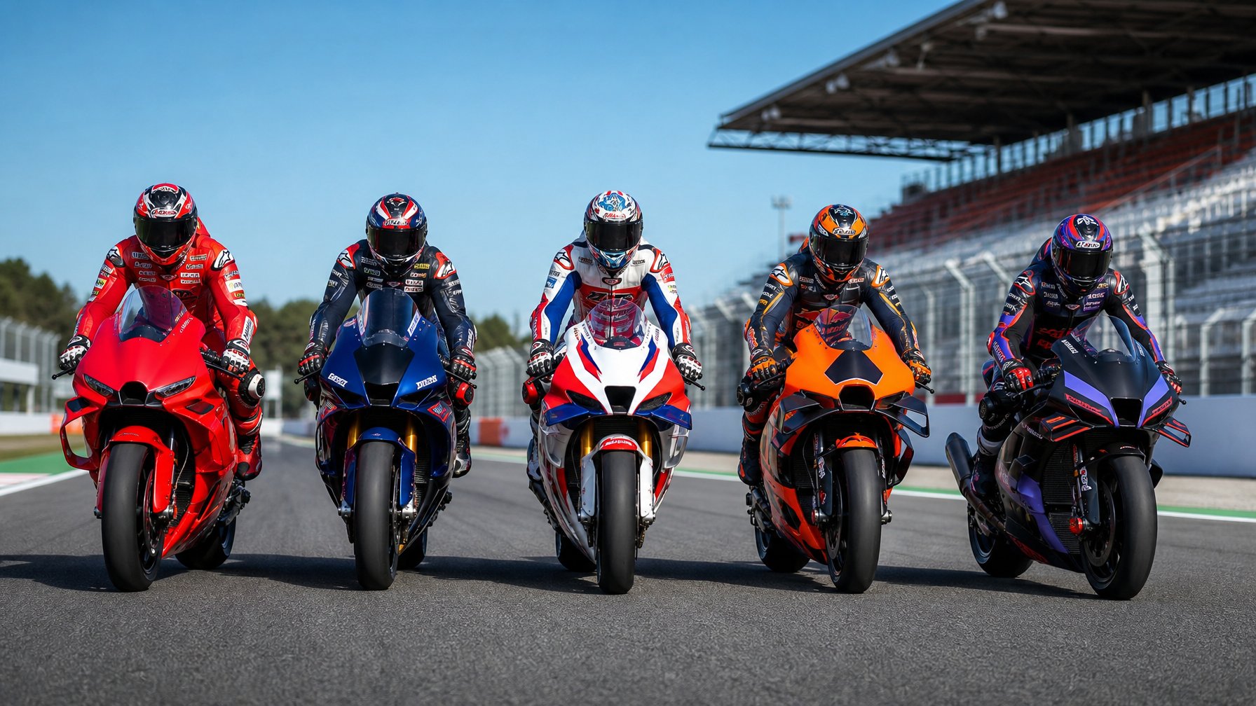 Lima pembalap MotoGP berdiri di samping motor balap mereka di lintasan, masing-masing mewakili tim Ducati, Yamaha, Honda, KTM, dan Aprilia.