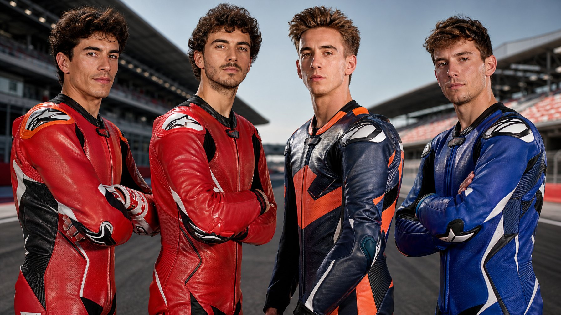 Empat pembalap MotoGP berdiri berdampingan mengenakan pakaian balap lengkap di lintasan balap dengan latar belakang tribun dan spanduk balap.