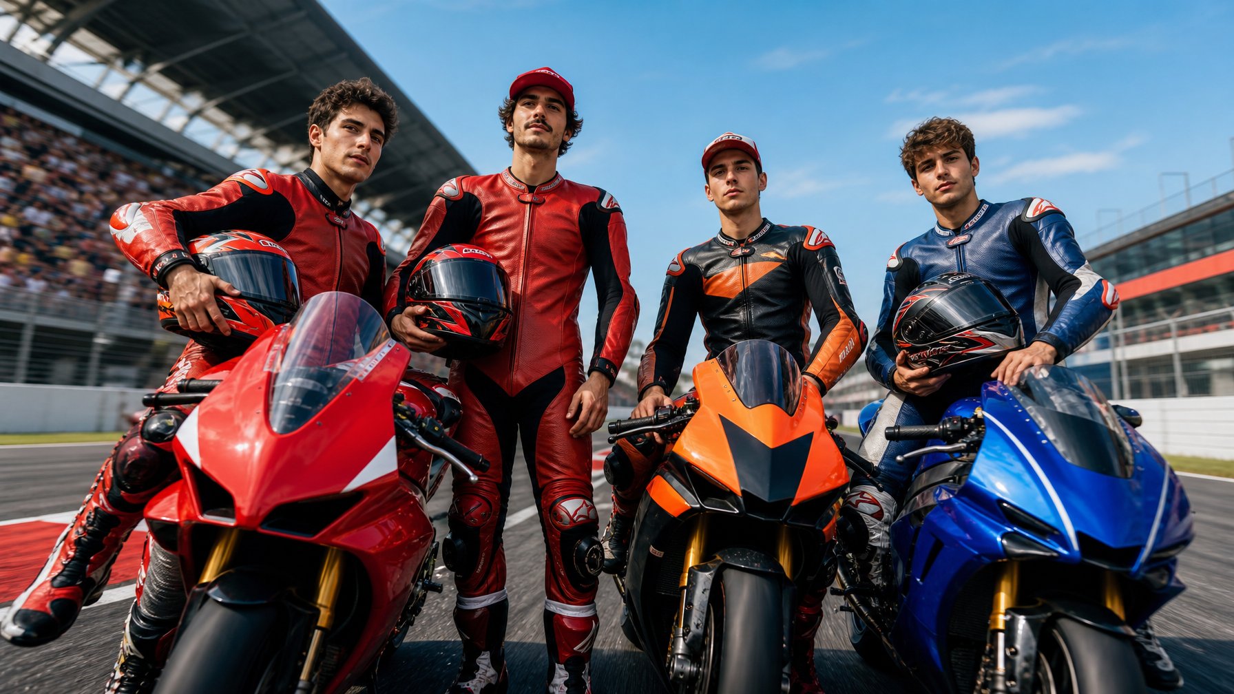 Empat pembalap MotoGP berdiri di lintasan balap dengan perlengkapan lengkap, siap berlomba di sirkuit modern.