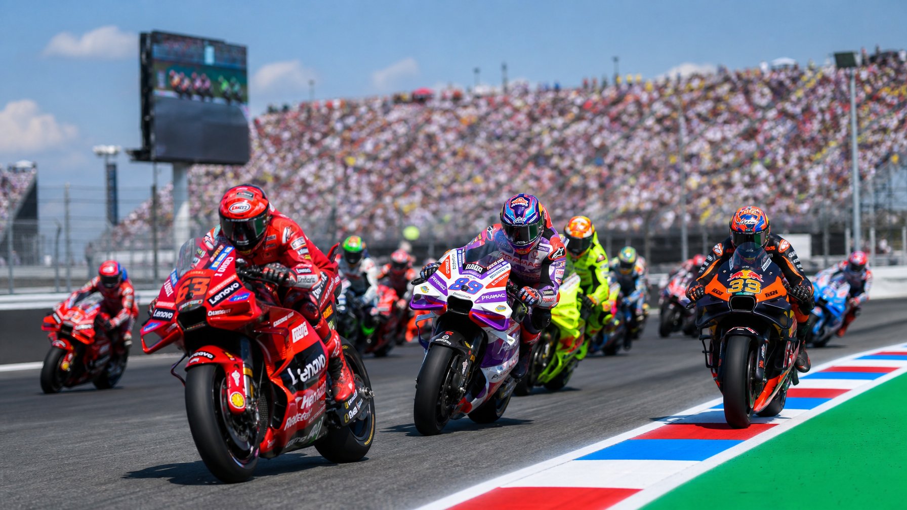 Beberapa pembalap MotoGP sedang balapan di lintasan dengan penonton di tribun, motor dan perlengkapan balap berwarna-warni terlihat jelas.