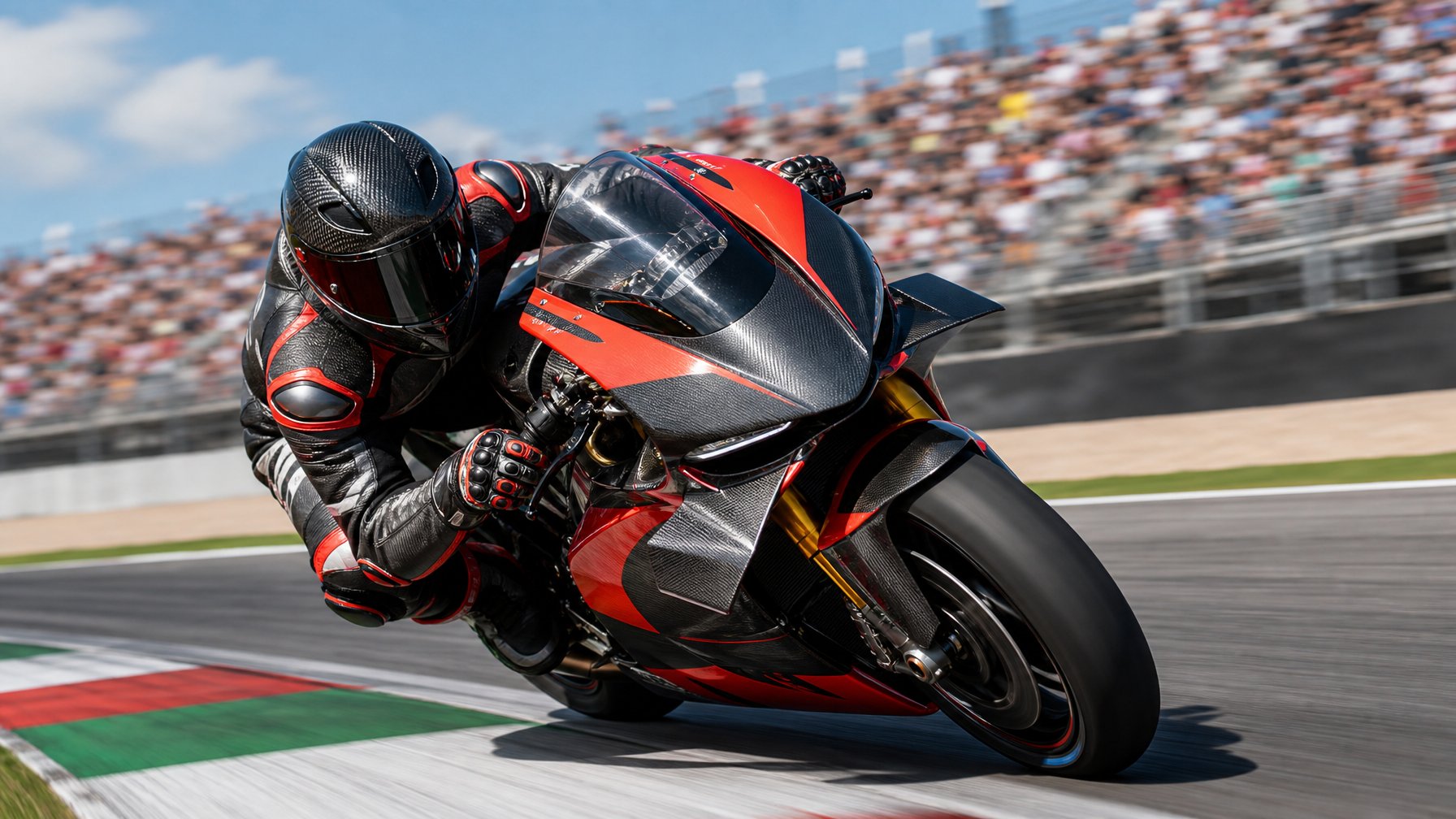 Seorang pembalap MotoGP sedang menikung tajam dengan motor balap futuristik di lintasan balap dengan penonton di latar belakang.
