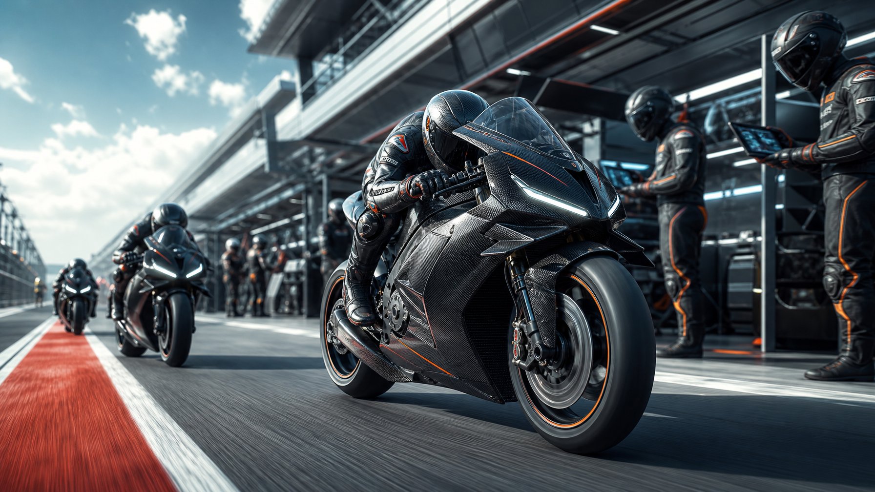 Motor balap futuristik sedang melaju di lintasan balap dengan tim pabrikan yang memantau dari pit lane.