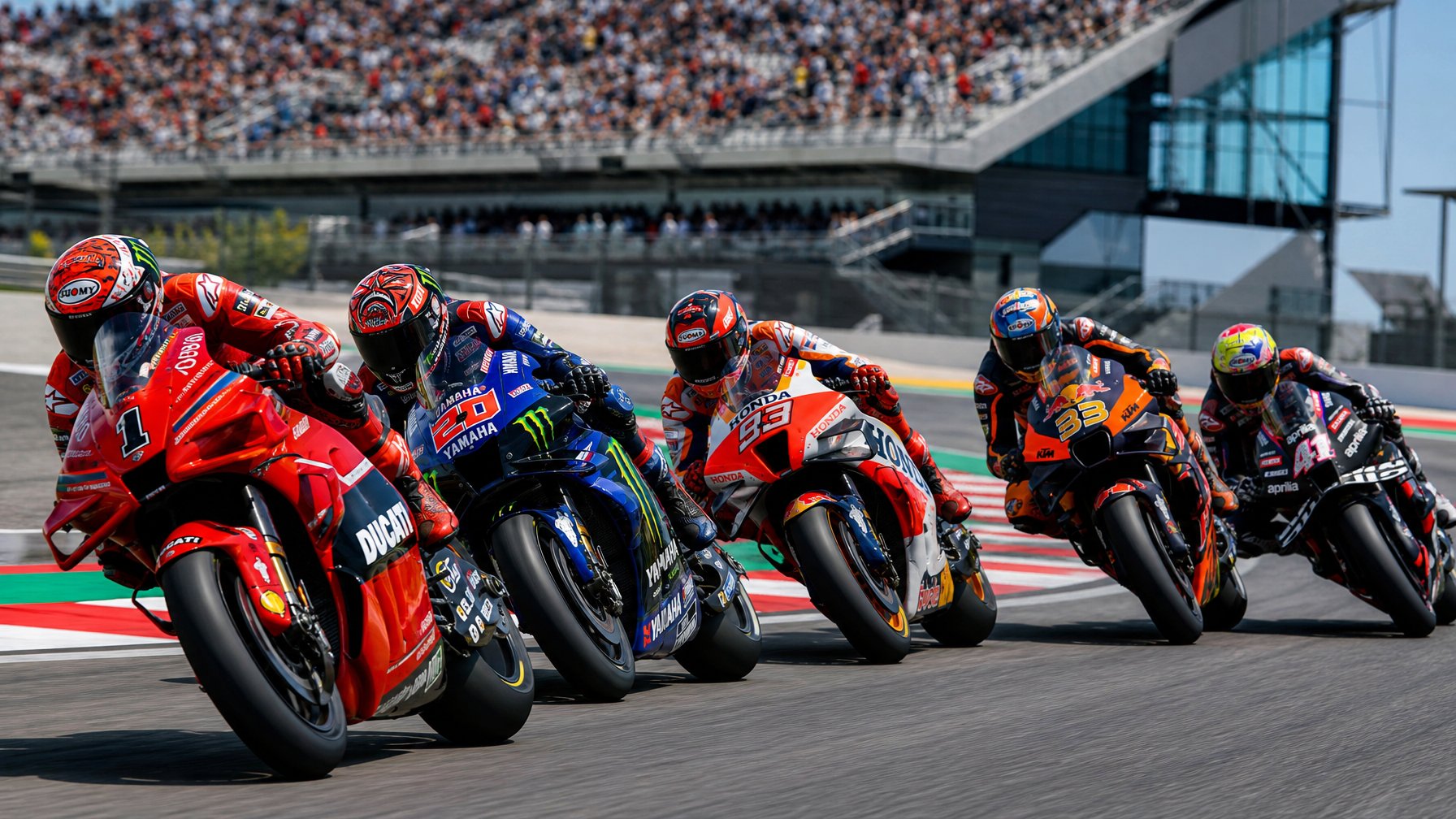 Lima motor balap berkecepatan tinggi dari Ducati, Yamaha, Honda, KTM, dan Aprilia sedang melaju di lintasan balap dengan penonton di latar belakang.