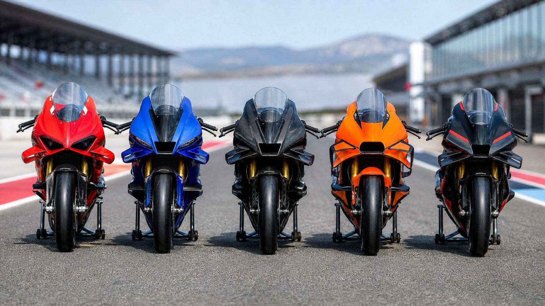 Lima motor balap terbaru dari Ducati, Yamaha, Honda, KTM, dan Aprilia berjejer di lintasan balap dengan latar belakang kabur.