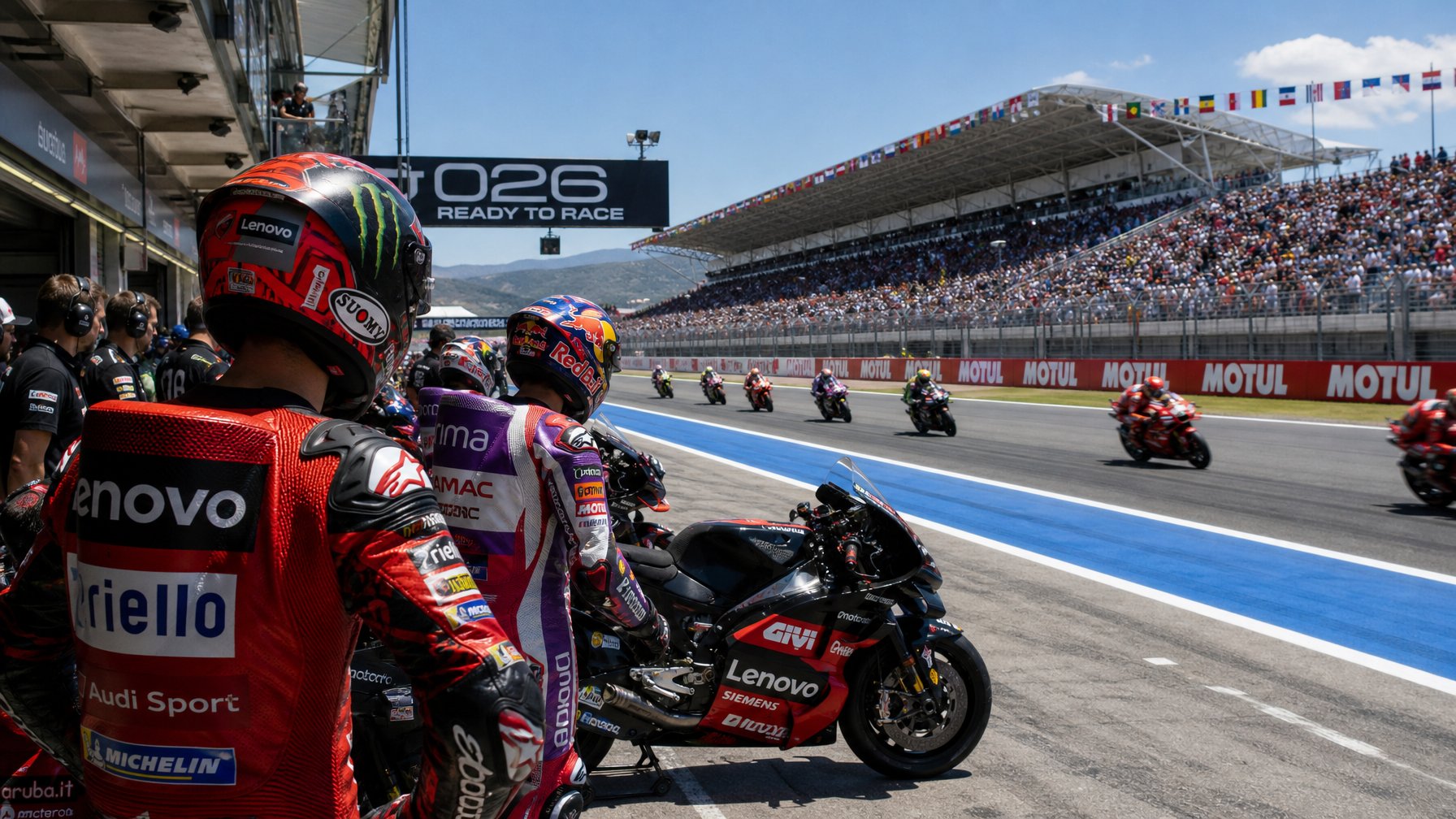 Sejumlah pembalap motor profesional sedang bersiap di pit lane dengan motor balap berwarna-warni di lintasan balap yang ramai dengan penonton.