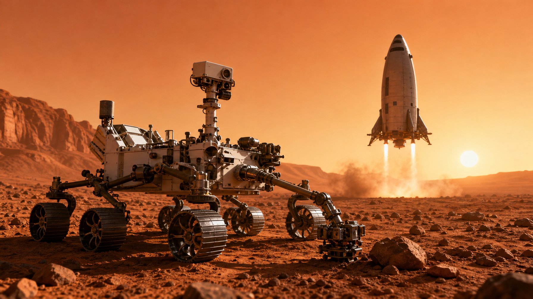 Pemandangan misi Mars tahun 2026 dengan rover canggih menjelajahi permukaan Mars yang berbatu dan pesawat luar angkasa di latar belakang.