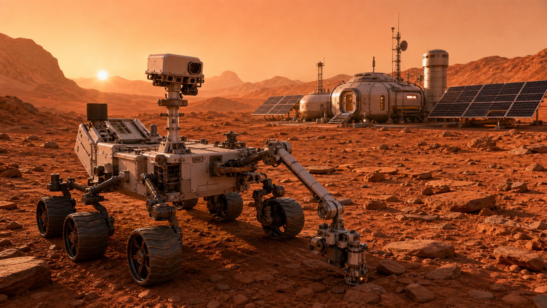 Sebuah rover Mars canggih menjelajahi permukaan Mars yang berbatu dengan modul habitat modern di latar belakang.