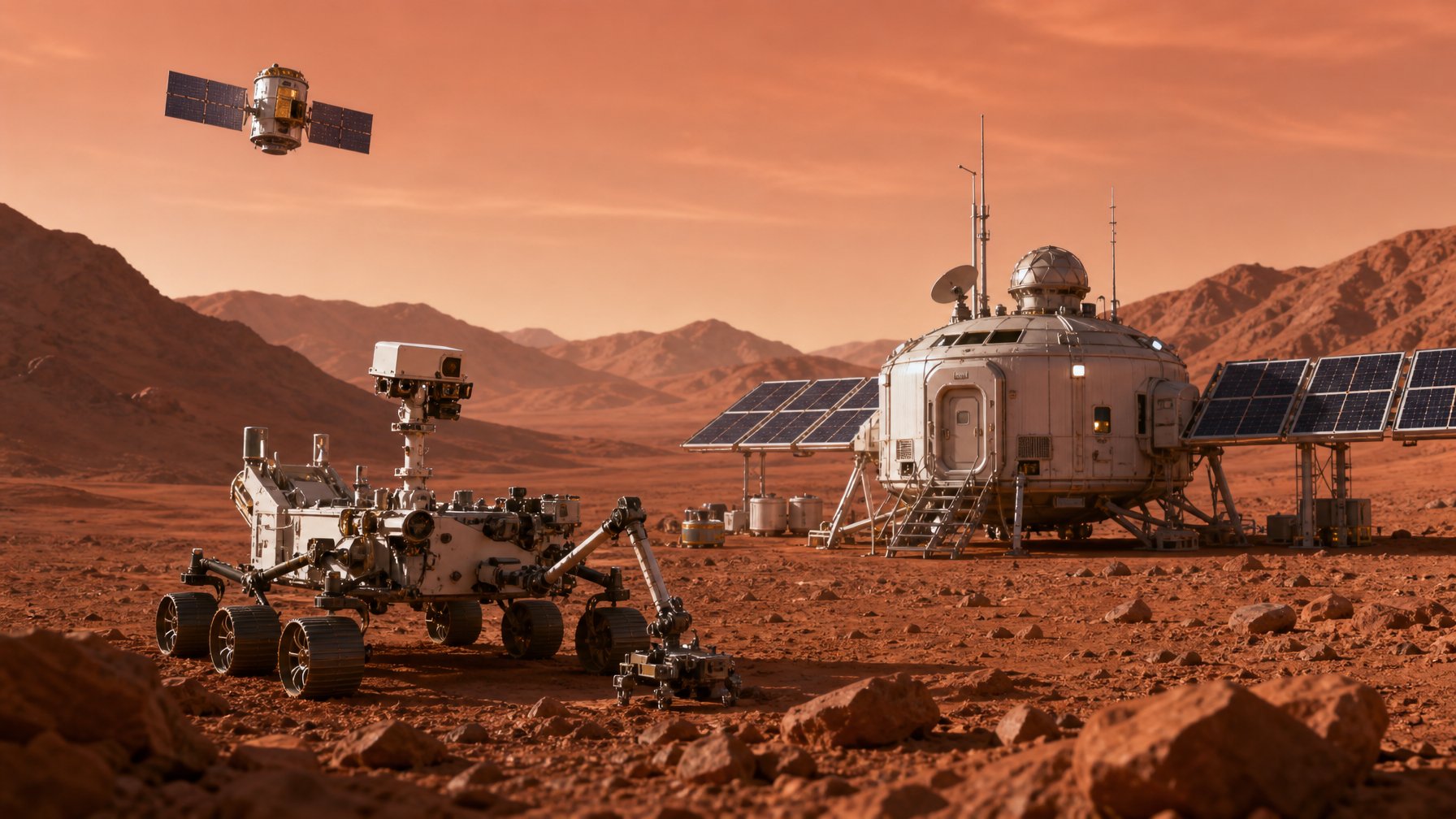 Pemandangan permukaan Mars dengan rover NASA dan modul habitat di latar depan, langit merah muda-oranye, dan pegunungan di kejauhan.