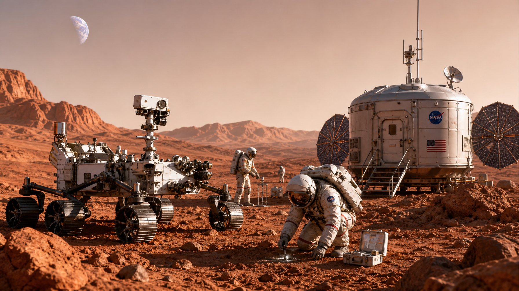Pemandangan permukaan Mars dengan rover NASA, modul habitat, dan astronot yang sedang melakukan penelitian di tahun 2026.