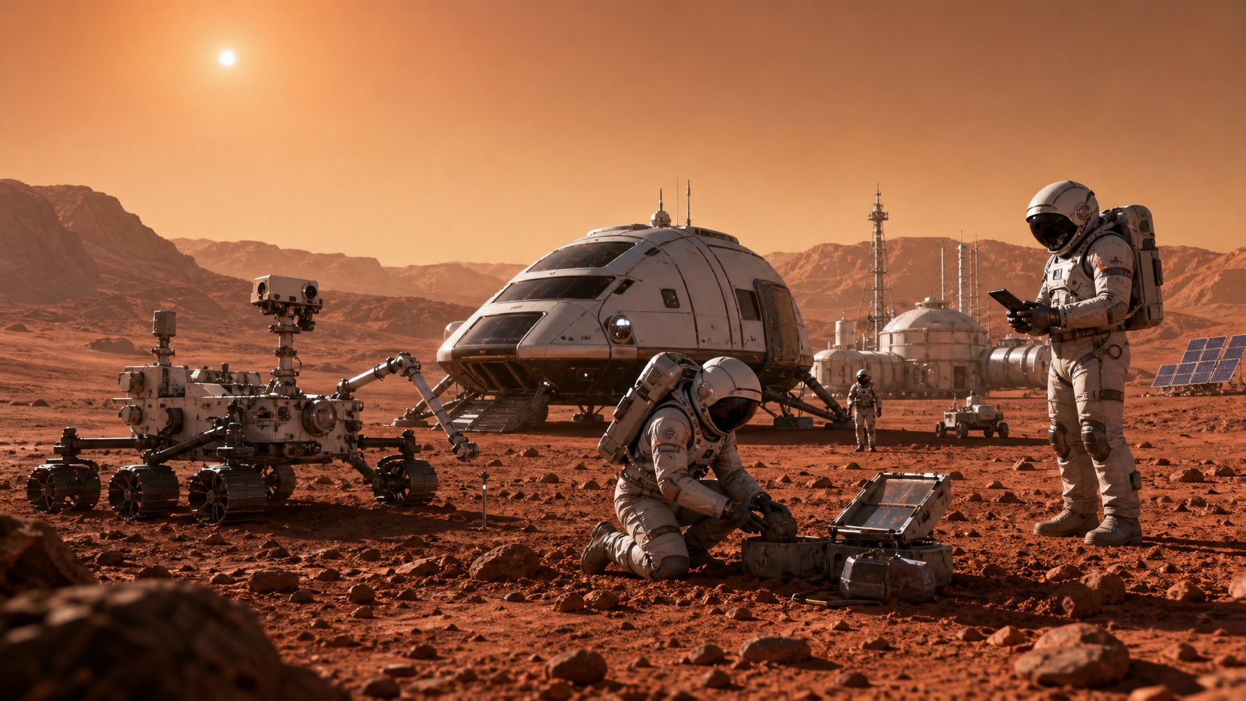 Pemandangan permukaan Mars dengan rover, astronot, dan modul habitat dalam misi eksplorasi tahun 2026.