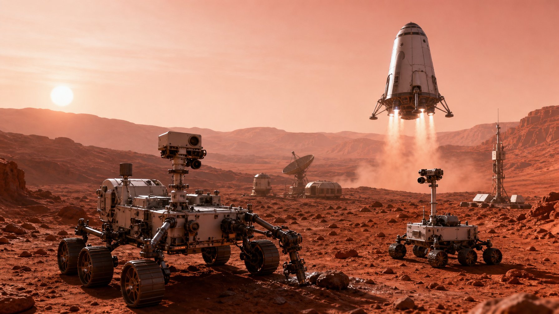 Pemandangan Mars dengan rover dan pesawat luar angkasa yang sedang menjalankan misi eksplorasi di permukaan planet merah.