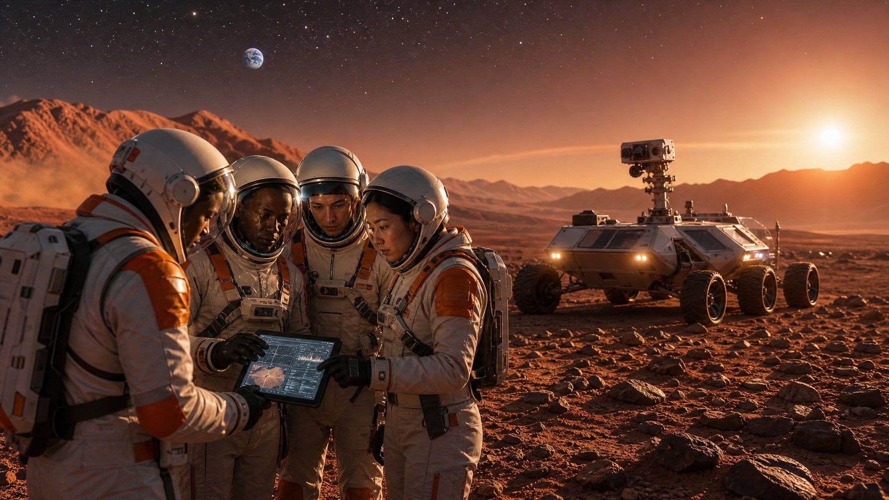 Para ilmuwan dan insinyur dengan pakaian luar angkasa sedang mengamati rover Mars di permukaan Mars yang berbatu dengan latar belakang langit berbintang dan bumi terlihat jauh.