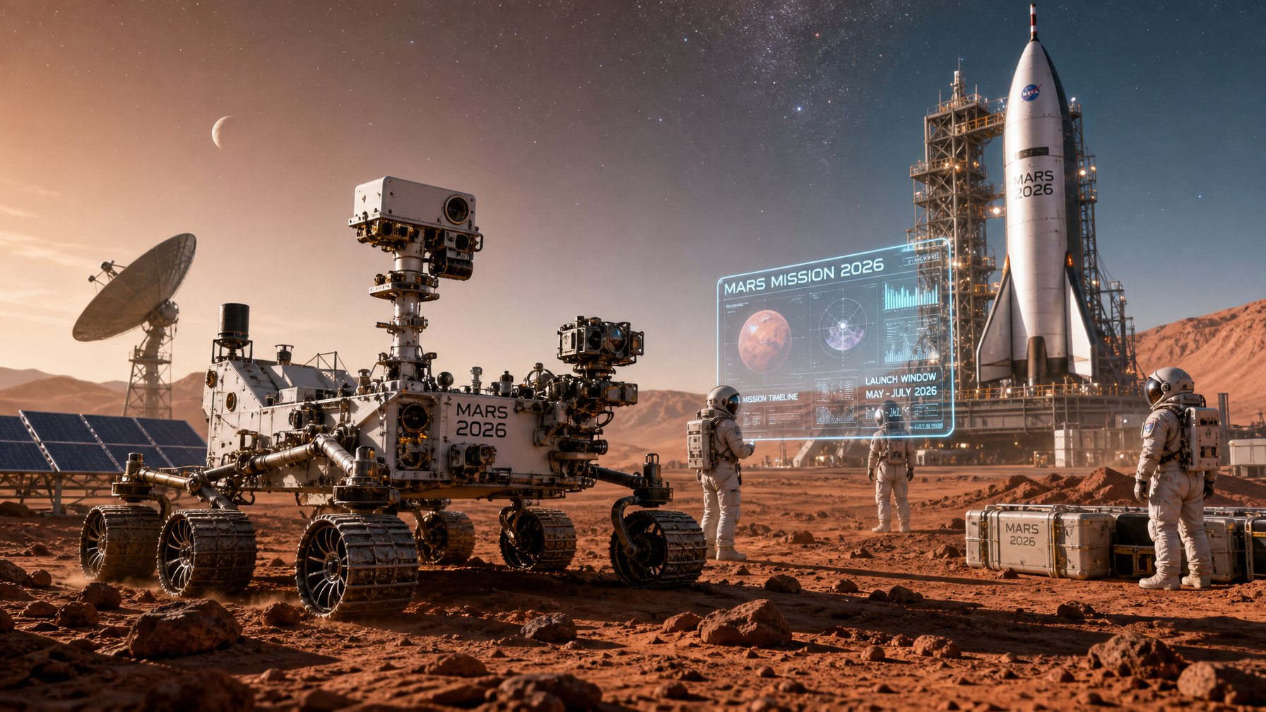 Rover Mars futuristik menjelajahi permukaan Mars dengan pesawat ruang angkasa dan insinyur di latar belakang.