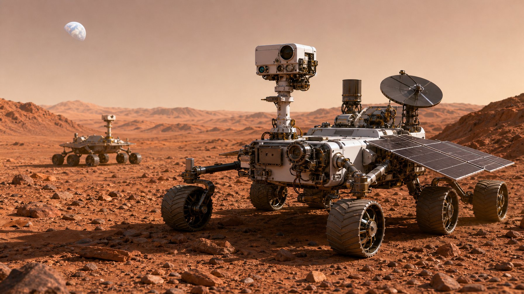 Sebuah rover Mars modern menjelajahi permukaan Mars yang berbatu dengan rover generasi sebelumnya terlihat di latar belakang.