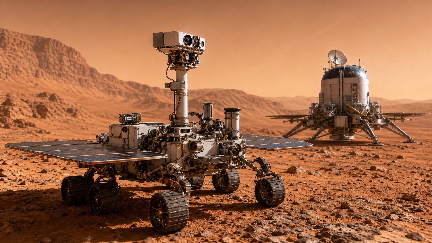 Sebuah rover Mars futuristik dengan peralatan canggih menjelajahi permukaan Mars yang berbatu dengan pesawat ruang angkasa modern di latar belakang.