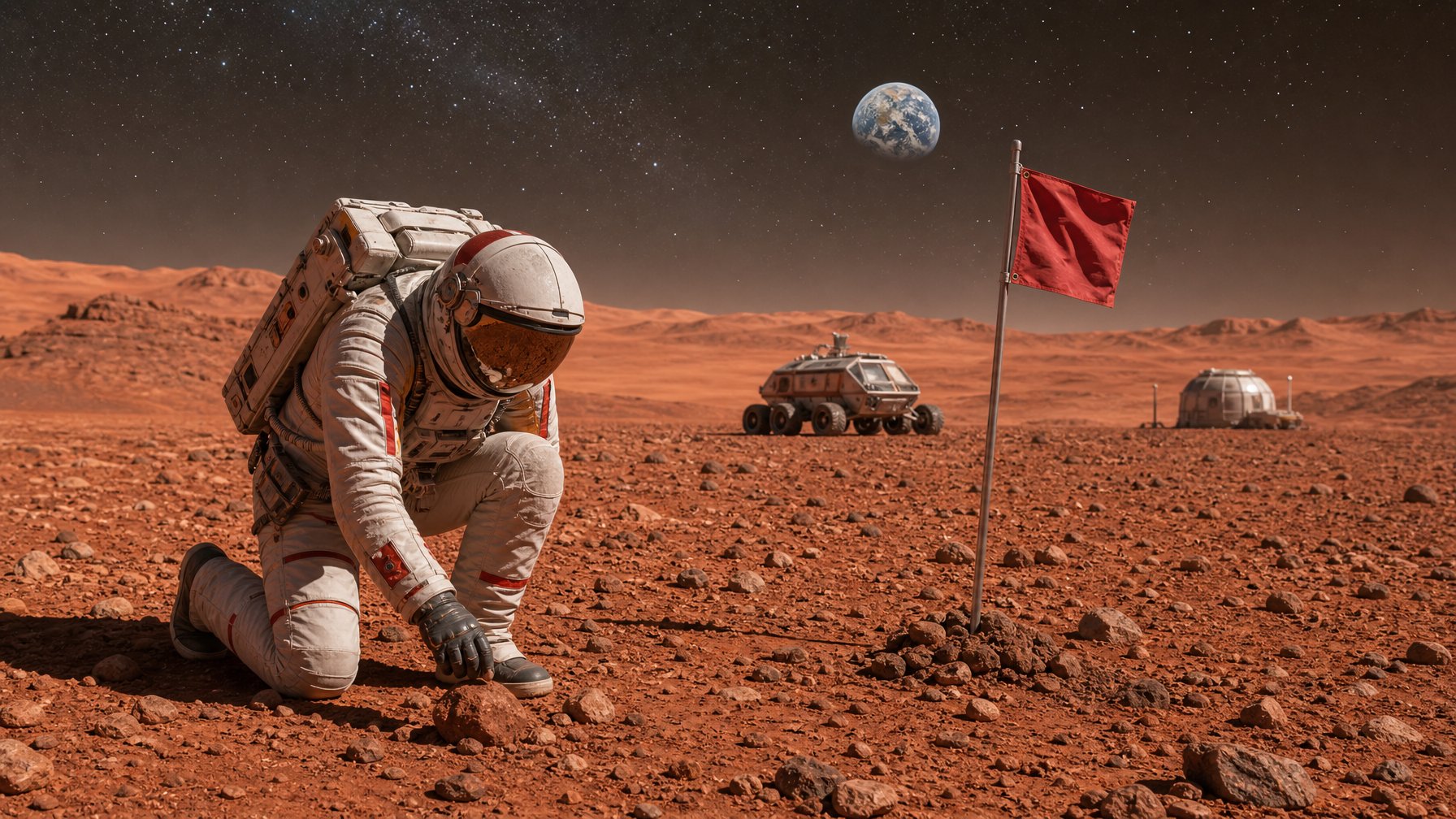 Seorang astronot berdiri di permukaan Mars yang berbatu, dengan latar belakang langit gelap dan Bumi terlihat jauh di kejauhan.