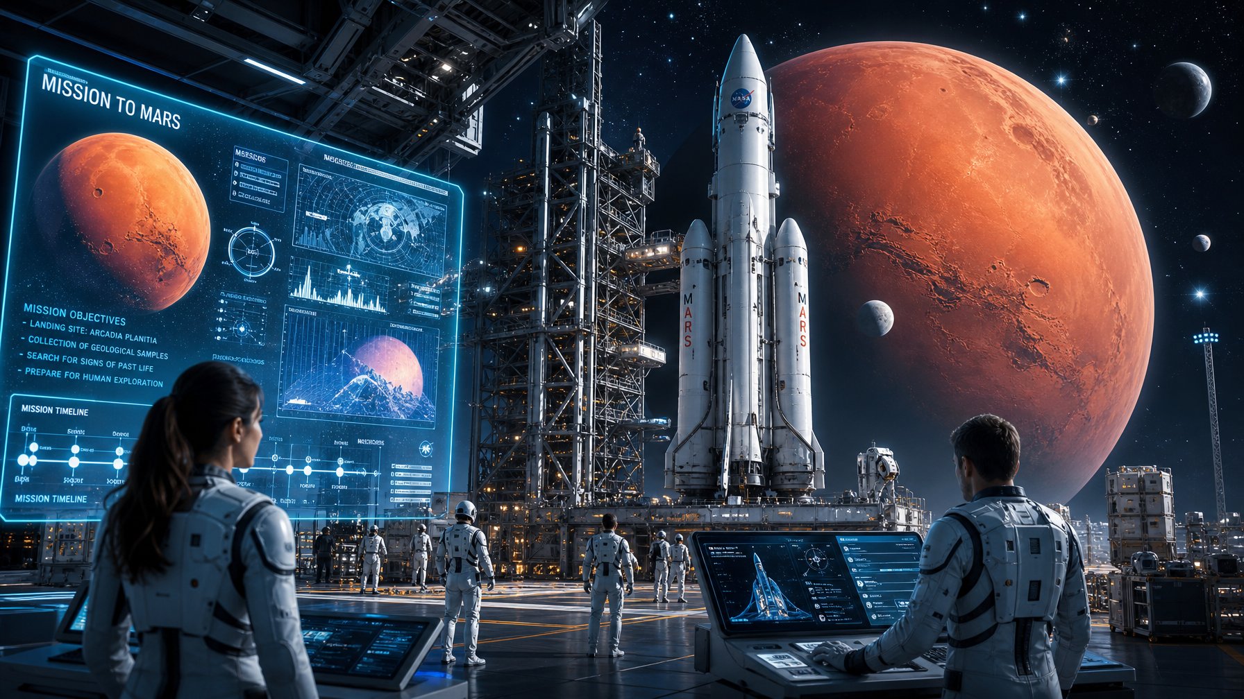 Sebuah pesawat luar angkasa futuristik sedang dipersiapkan untuk peluncuran dengan latar belakang planet Mars dan para insinyur yang bekerja di pusat antariksa.