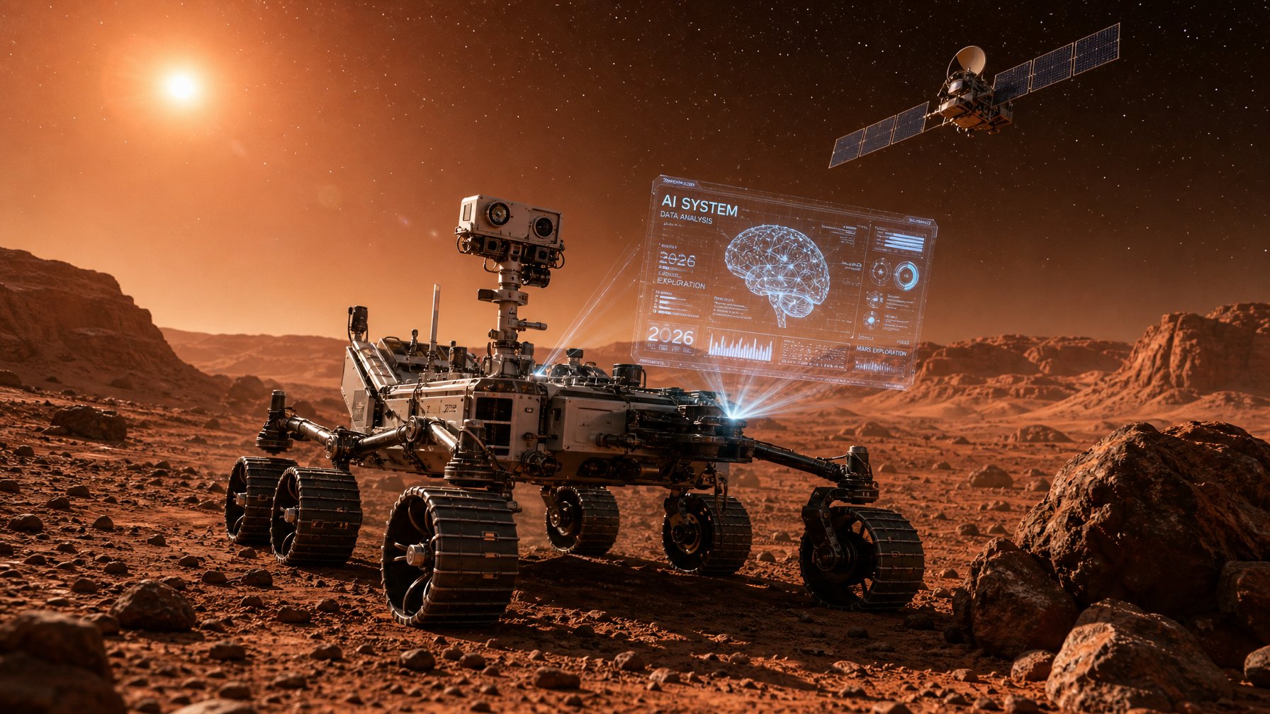 Rover Mars futuristik menjelajahi permukaan Mars yang berbatu dengan satelit mengorbit di latar belakang dan tampilan digital mengambang di atas rover.