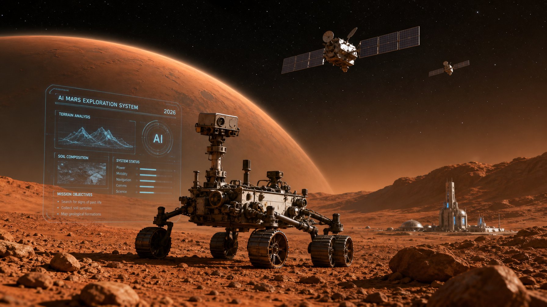 Sebuah rover Mars menjelajahi permukaan berbatu planet Mars dengan satelit mengorbit di latar belakang dan tampilan data digital di sekitarnya.