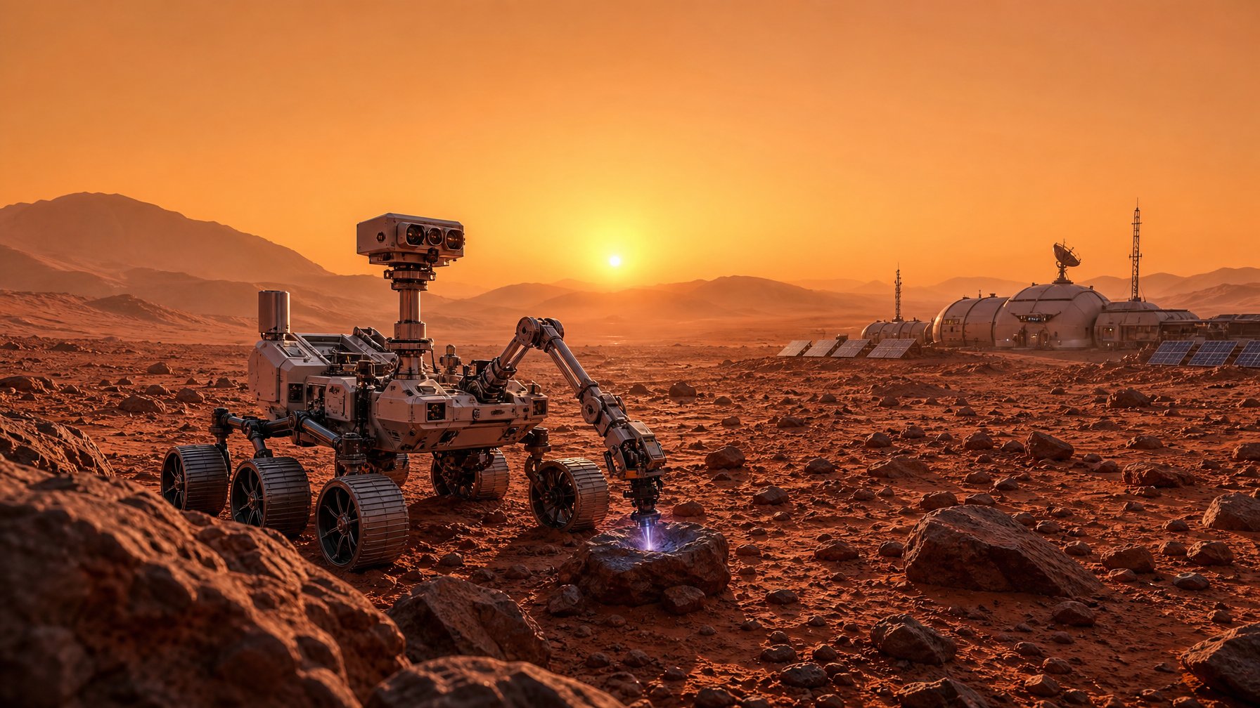 Pemandangan Mars dengan rover ilmiah dan pangkalan riset di latar belakang di bawah langit oranye kemerahan.