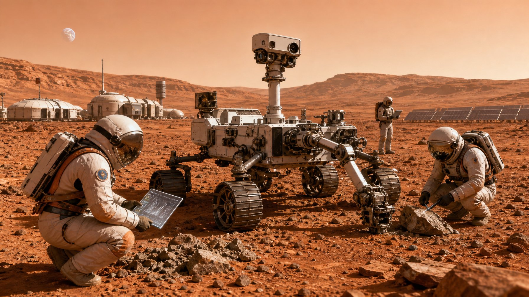 Pemandangan penjelajahan Mars dengan rover dan ilmuwan yang sedang menganalisis sampel batu di permukaan Mars.