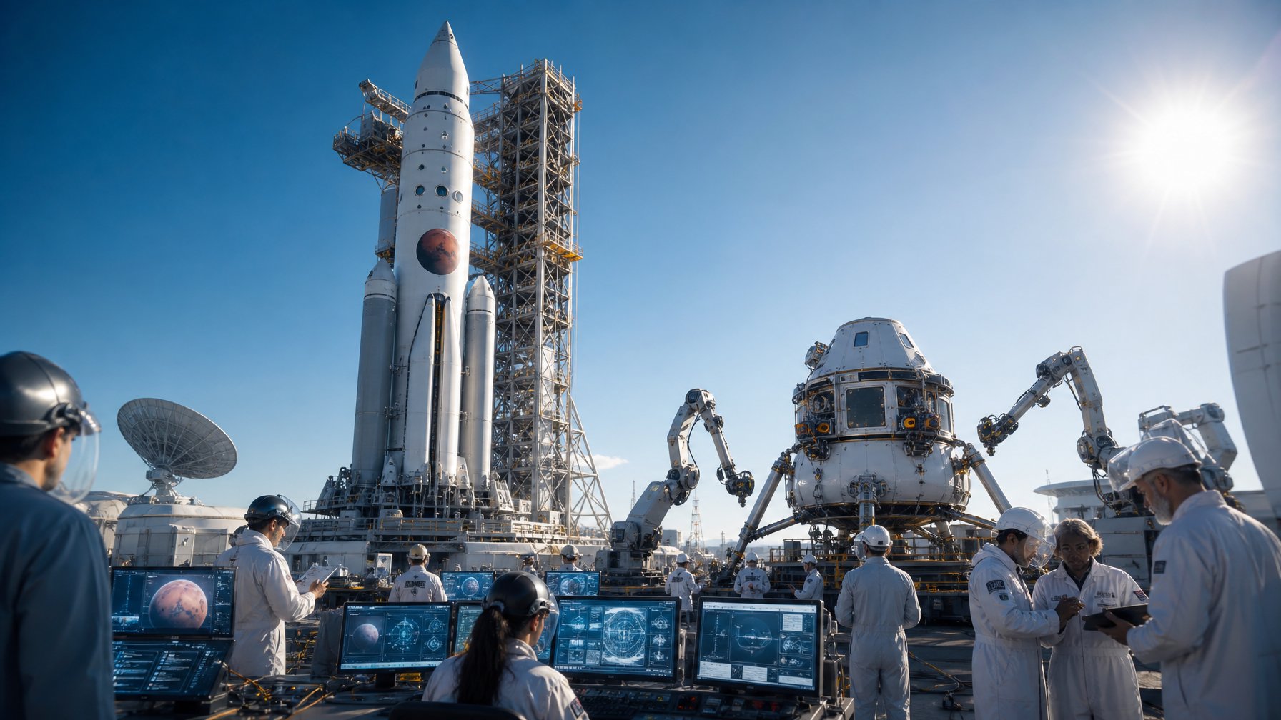 Roket besar di landasan peluncuran dengan para insinyur dan teknisi yang sedang mempersiapkan misi Mars 2026, terlihat peralatan dan sistem pendaratan di pusat antariksa.