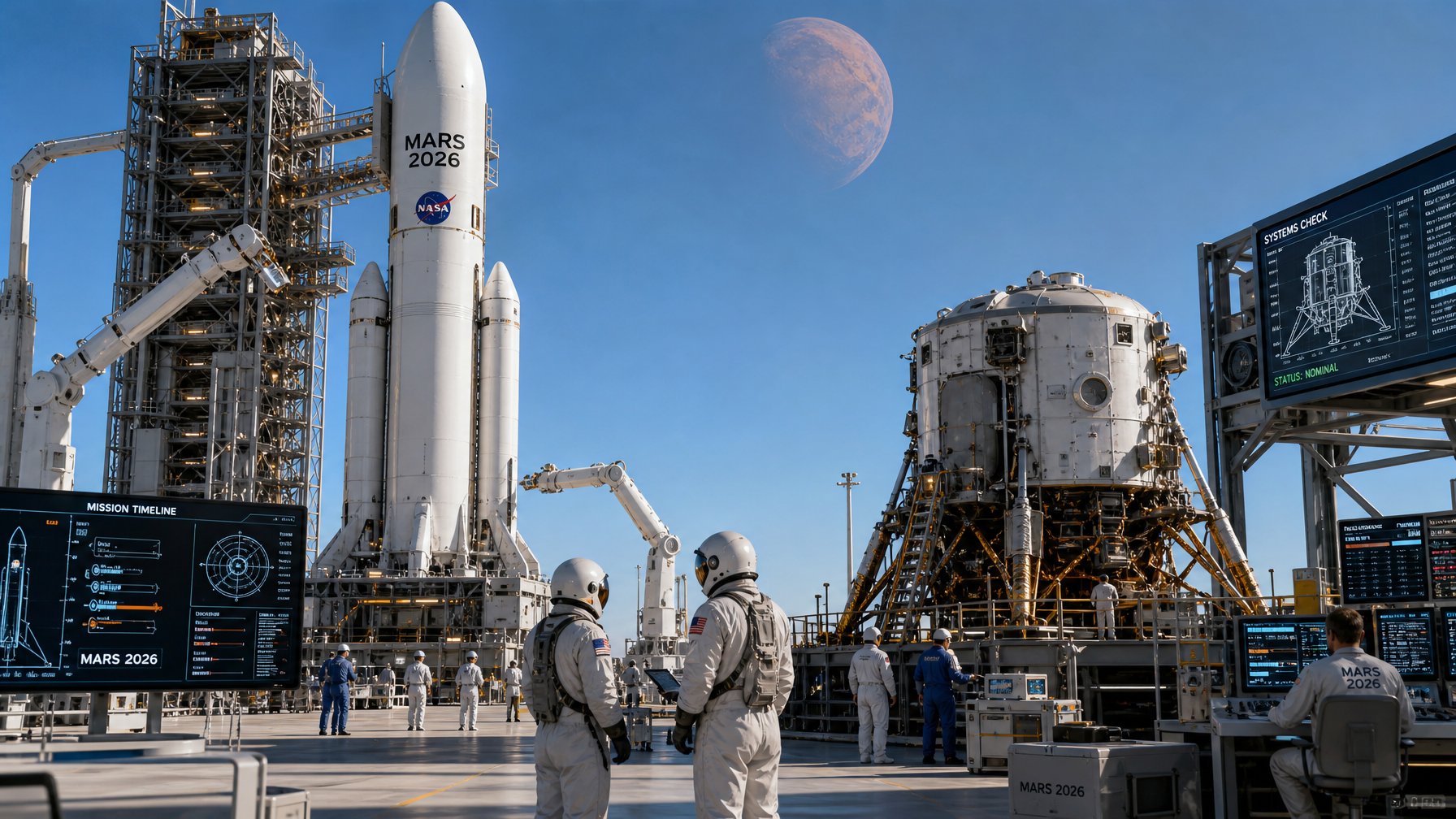 Para insinyur dan ilmuwan sedang mempersiapkan roket dan sistem pendaratan untuk misi Mars 2026 di fasilitas teknologi tinggi.