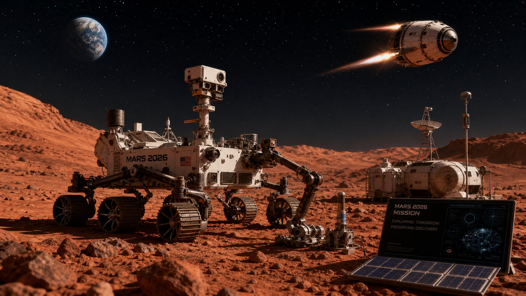 Pemandangan permukaan Mars dengan rover dan pesawat ruang angkasa mendekat, menunjukkan misi eksplorasi Mars di masa depan.