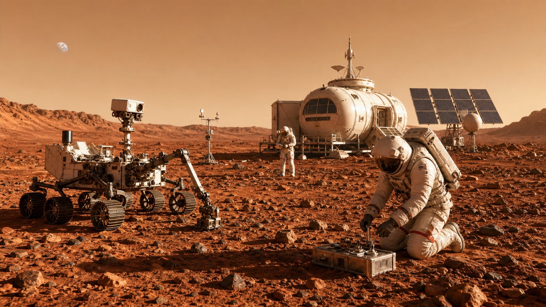 Pemandangan permukaan Mars dengan rover dan astronot yang sedang melakukan penelitian di dekat modul habitat futuristik.