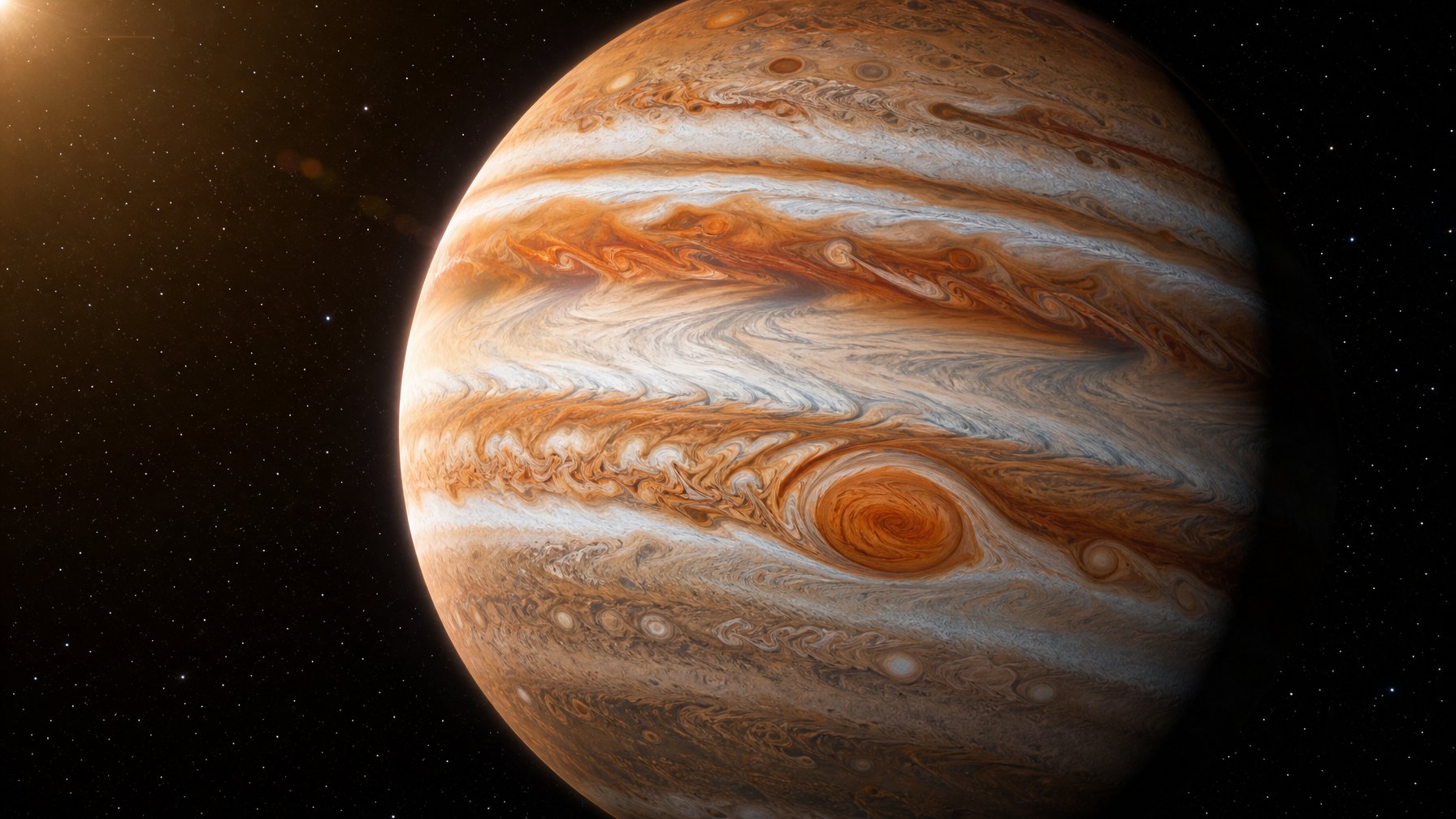 Gambar planet Jupiter dengan awan berwarna-warni dan Bintik Merah Besar yang terlihat jelas di ruang angkasa.