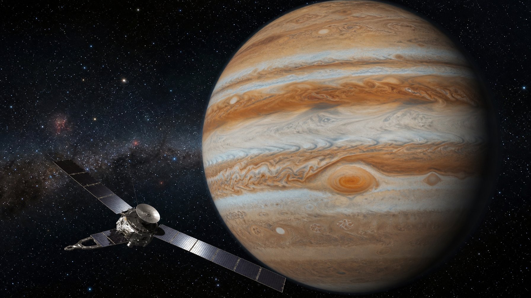 Gambaran planet Jupiter dengan pesawat luar angkasa mendekat di latar belakang ruang angkasa berbintang.
