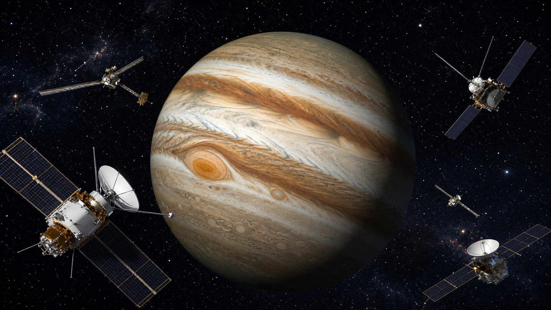 Pemandangan planet Jupiter dengan pesawat luar angkasa mengelilinginya di ruang angkasa gelap penuh bintang.