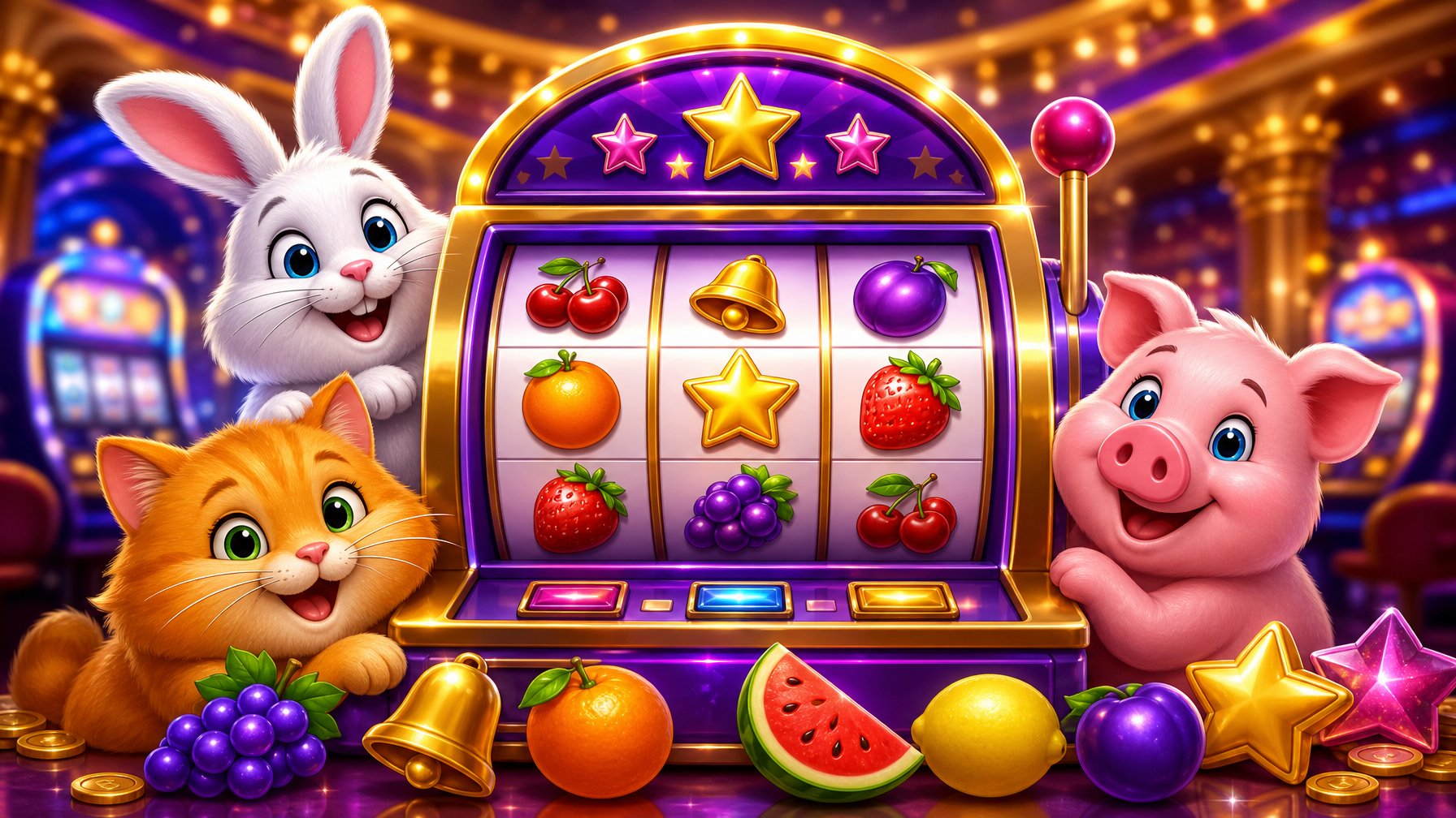 A Colorful Slot Machine Surrounded By Cute Fluffy Animal Characters Including A Bunny, Cat, And Pig, With Bright Casino Lights In The Background.