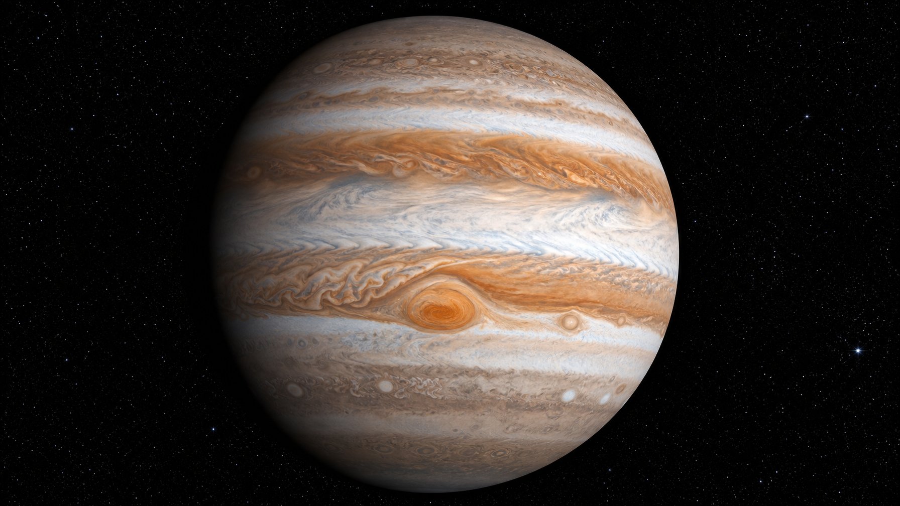 Gambar planet Jupiter dengan awan berwarna oranye, putih, dan coklat serta bintik merah besar, terlihat di luar angkasa gelap dengan bintang-bintang di latar belakang.