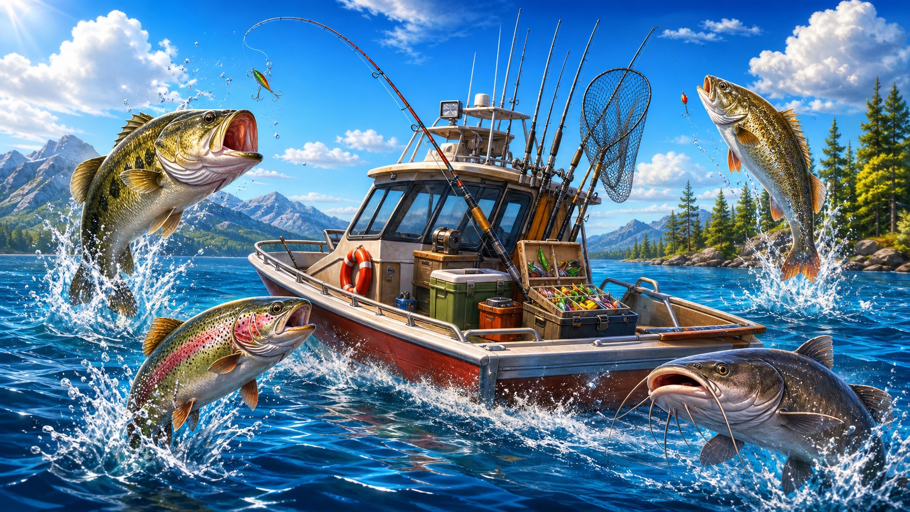 A Fishing Boat On A Bright Ocean Surrounded By Jumping Fish With A Green Coastline And Mountains In The Background.