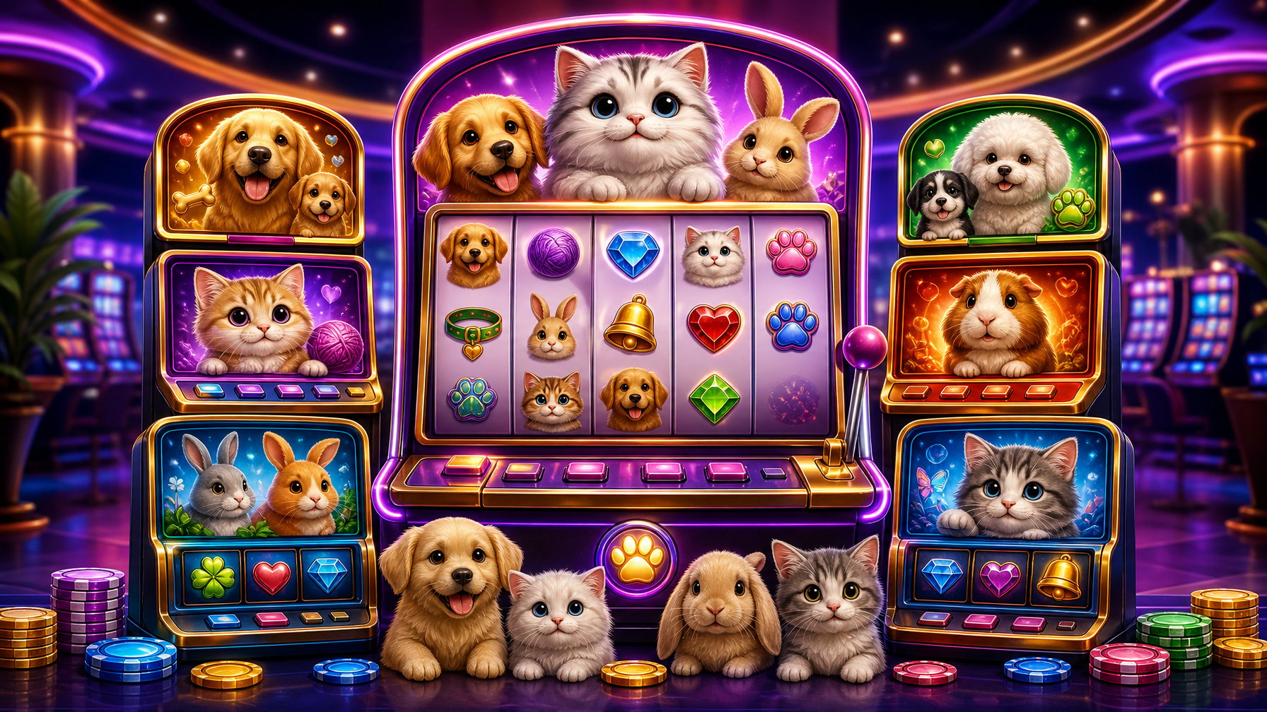 A Colorful Casino Scene Featuring A Slot Machine With Fluffy Animal Characters And Smaller Slot Machines Nearby Representing Similar Games.