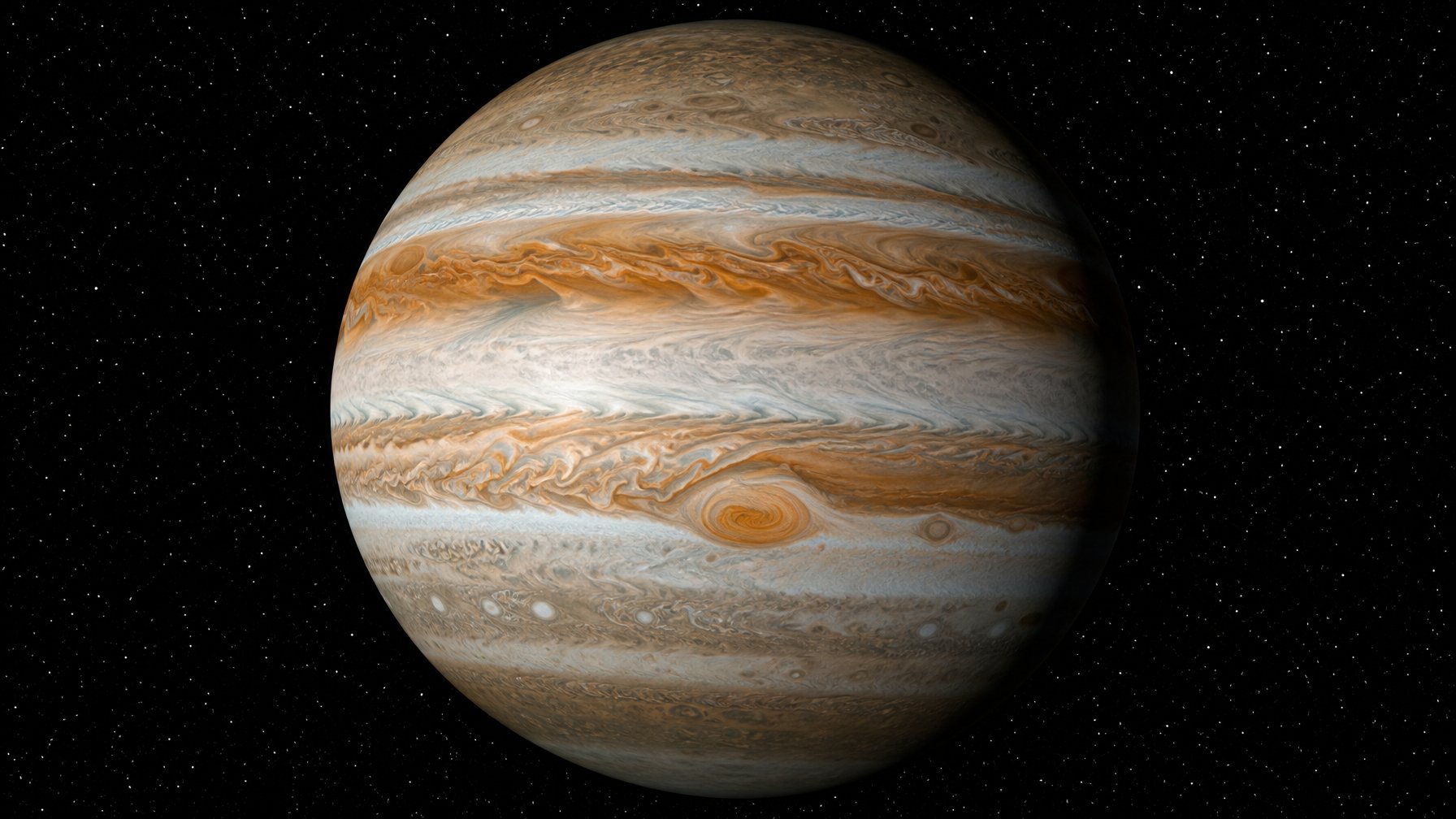 Gambar planet Jupiter dengan awan berwarna-warni dan bintik merah besar di latar luar angkasa gelap.