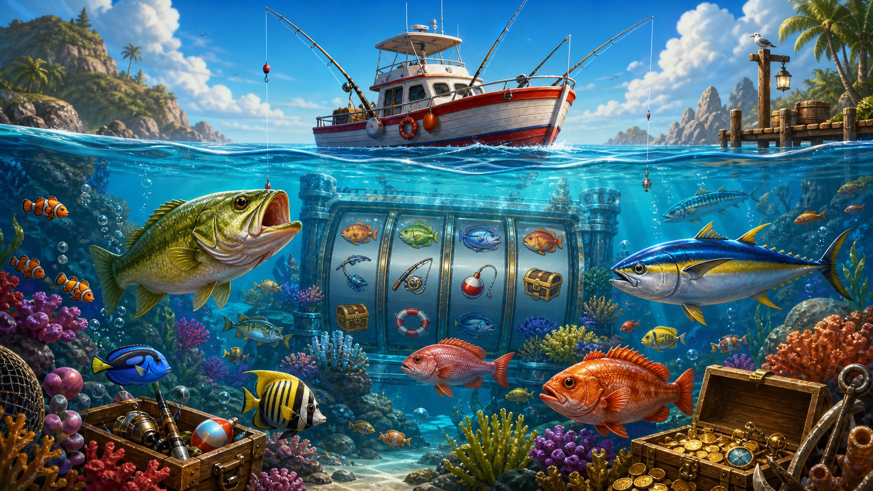 Underwater Scene With Colorful Fish Swimming Near Coral Reefs And A Fishing Boat On The Water Surface With Fishing Rods Extended.