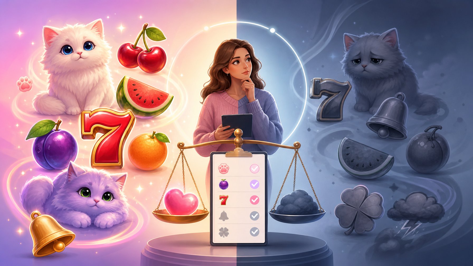 An Illustration Showing A Balanced Evaluation With Playful Slot Machine Symbols On One Side And Subtle Faded Icons On The Other, Connected By A Central Figure Representing DecisionMaking.
