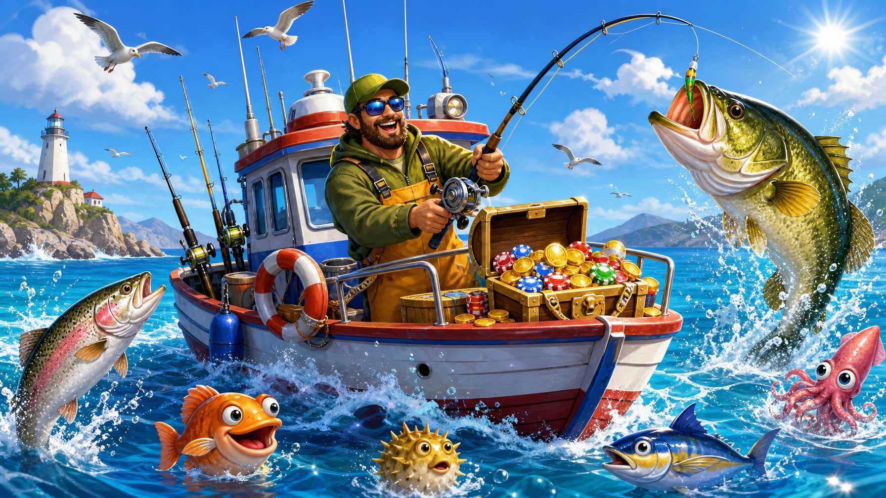 A Fishing Boat On Clear Blue Water Surrounded By Colorful Fish Jumping, With A Treasure Chest Full Of Gold Coins On The Boat And Seagulls Flying In The Sky.