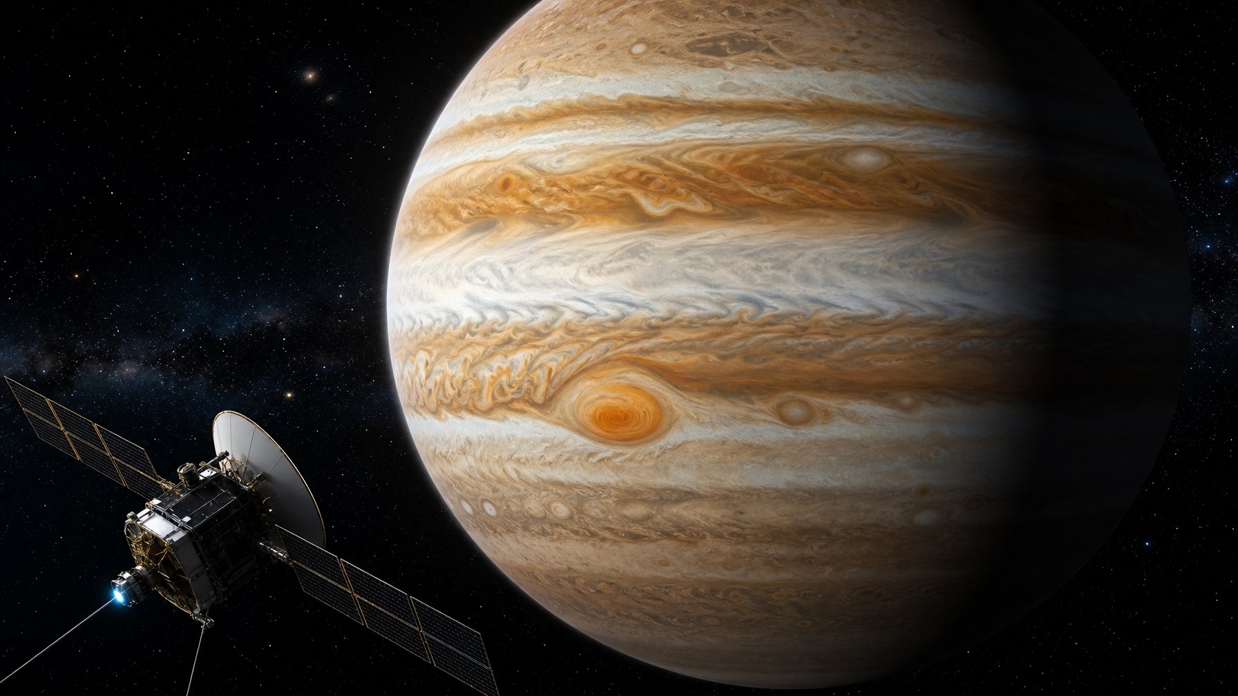Gambaran planet Jupiter yang besar dengan awan berputar dan bintik merah besar di ruang angkasa, dengan pesawat luar angkasa yang sedang mengamati planet tersebut.